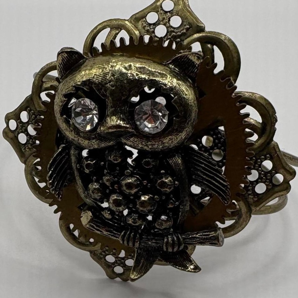 Whimsigoth Owl Cuff Bracelet Antique Gold Filigree Rhinestone Statement Jewelry